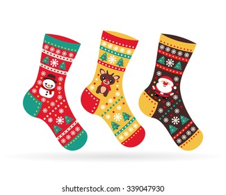 Socks with Christmas symbols Snowman Santa with reindeer