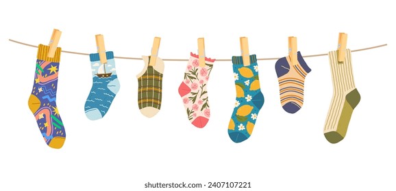 Socks clothesline with clothespins, cotton and wool socks on rope, cartoon vector. Socks hanging on laundry line with pins, socks with color ornament pattern, children colorful clothes on clothesline