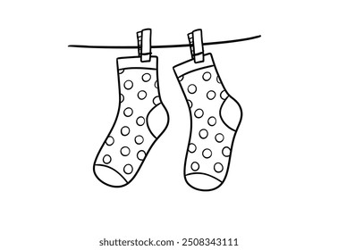 Socks with clothespins are hanging on rope in laundry room. Doodle illustration