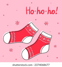 socks clothing wool warm cozy winter new year print pattern snowflakes cold red house decoration isolated sketch postcard banner design linear stroke doodle cartoon outline scarf hat mittens pink rose