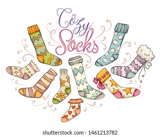 Socks collection. Cozy colorful hand-drawn stocking