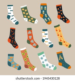 Socks collection. Trendy foot wears ornamental textile woolen knitted stylish clothes recent vector socks illustrations in flat style