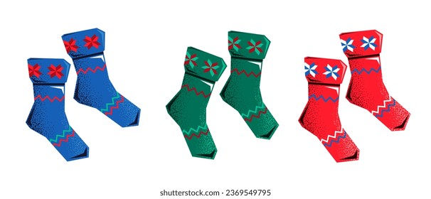 Socks. Collection of winter knitted socks.Winter accessory.Christmas socks.Vector illustration.