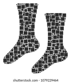 Socks composition icon of squares and round items in variable sizes. Vector items are united into socks collage design concept.