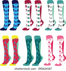 Socks design set, colorful pattern collection. 