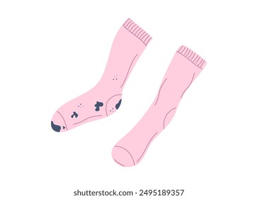 Socks. Dirty clothes with stains and clean clothes. Clothes stained with dirt and washed. Linen care, washing. Vector illustration isolated on white background.