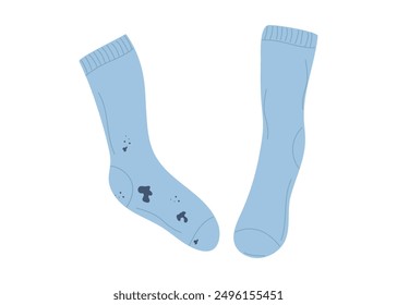 Calcetines. Ropa sucia con manchas y ropa limpia. Ropa manchada con suciedad y lavada. Cuidado de la ropa, lavado. Ilustración vectorial aislada sobre fondo blanco.