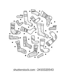 Calcetines al estilo de doodle. Bandera redonda con símbolos de un acogedor estilo de vida invernal. Ilustración de diseño en blanco y negro vectorial en estilo retro.