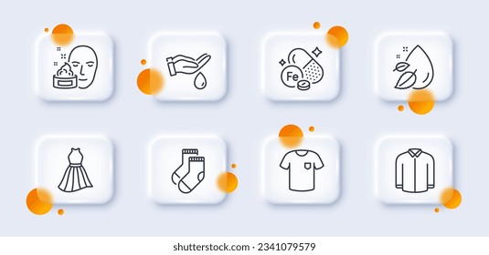 Socks, Dress and Water drop line icons pack. 3d glass buttons with blurred circles. Shirt, Iron, Face cream web icon. T-shirt, Wash hands pictogram. For web app, printing. Vector