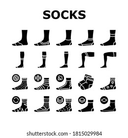 Socks Fabric Accessory Collection Icons Set Vector. Socks For Men And Women, Toe Cover And Invisible, Extra Low Cut And Ped, Over Knee And Loose Glyph Pictograms Black Illustrations