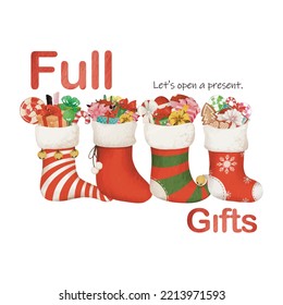 Socks filled with gift boxes. Banner Christmas. Watercolor Vector illustration. Seasonal Christmas flat design. For poster, print, menu design, greeting card