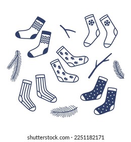 Socks and fir branches. Vector set of hand drawn winter doodle elements. Print isolated on white background