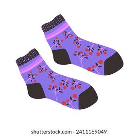 Socks for girls with flower ornaments, twigs and leaves motif. Isolated clothes for women, clothing accessories for outfits, vivid clothes for outfit compliments. Vector in flat style illustration