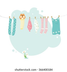 Socks with a hamster on a clothesline. Vector illustration. Can be used in web design, printed on fabric/paper, as a background, or as an element in a composition
