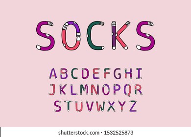 Socks hand drawn vector type font clothing in cartoon comic style vibrant colors lettering