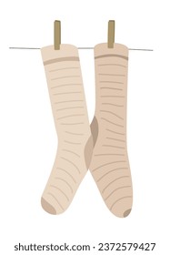a socks hanging on a rope, clothesline. Flat illiustration
