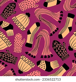 Socks, hats, mittens, scarves seamless pattern. Winter season cute repeat pattern with warm clothing accessories. Cold season print.