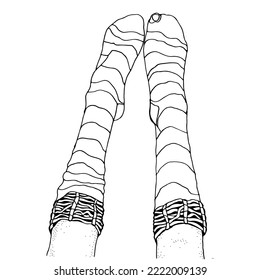 Socks with a hole. The finger is outside. Black and white Adult Coloring book. Vector.