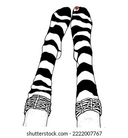 Socks with a hole. Finger with a red nail. Black and white Adult Coloring book. 