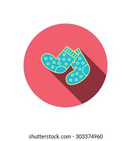 Socks icon. Baby underwear sign. Clothes symbol. Red flat circle button. Linear icon with shadow. Vector