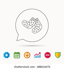 Socks icon. Baby underwear sign. Clothes symbol. Calendar, Graph chart and Cogwheel signs. Download and Shield web icons. Vector
