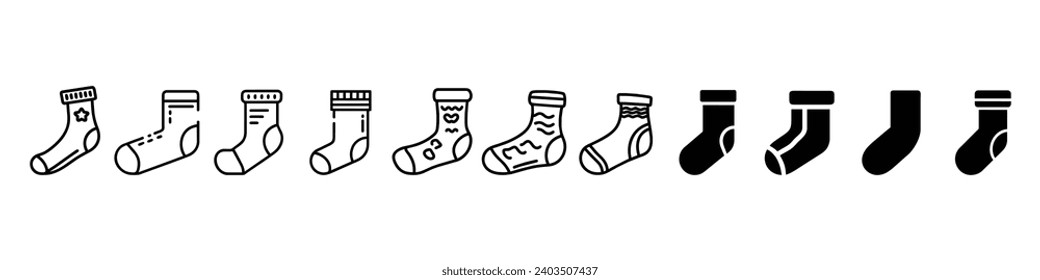 Socken-Symbol. Socken-Symbol. Schwarze Kontur lineare Silhouette. Seitenansicht.  Socken Symbol aus der Kollektion von Kleidung. Socken Umrisssymbol, Socken Linie Symbole gesetzt. Unterschiedliche Art der Länge, Symbole für warmgewalzte Socken