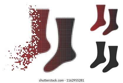 Socks icon in dissolved, pixelated halftone and undamaged whole versions. Points are organized into vector disappearing socks icon.