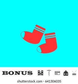 Socks icon flat. Red pictogram on blue background. Vector illustration symbol and bonus buttons Music center, corkscrew, credit card, house, drum