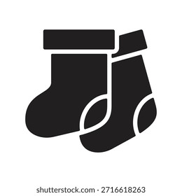 Icono de calcetines. Símbolo de la ropa de Festiva, cartel. Elemento negro de la decoración. Navidades, Año Nuevo, Navidad, concepto festivo. Diseño plano. Trazo editable. Ilustración vectorial.