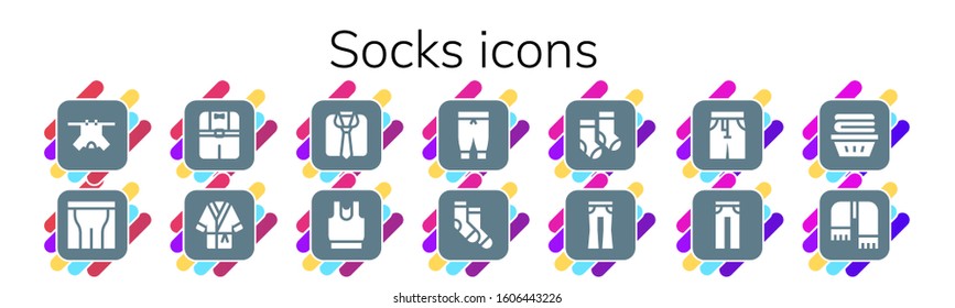 socks icon set. 14 filled socks icons. Included Clothes, Pants, Bathrobe, Socks, Jeans, Scarf icons