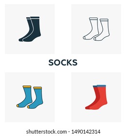 Socks icon set. Four elements in diferent styles from clothes icons collection. Creative socks icons filled, outline, colored and flat symbols.