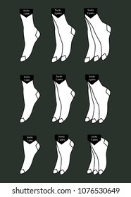 Socks icon set, vector illustration. Samples of different types of socks. Short socks long, medium , knee-highs. Label describing the quantity of goods. Sock label. The toe hosiery. 