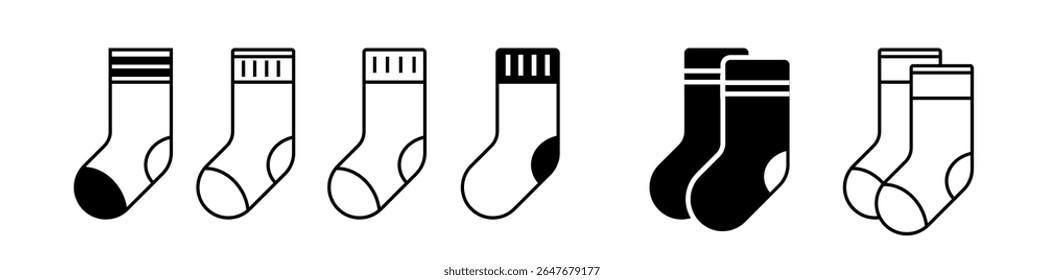 Socks icon vector illustration, Footwear icons, Sock line icons set. Socks outline icon, sock symbol, Mid Calf length Socks flat sketch fashion illustration, Calf length socks cad drawing for unisex.