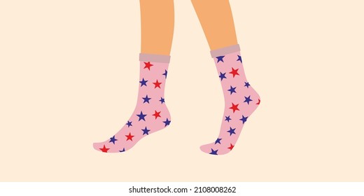 Socks, knee socks,stockings. Woman,female, girls feet, legs walking in bright colored print , footwear.Fashion style socks,knee socks with bright color ornament.Color Isolated flat vector illustration