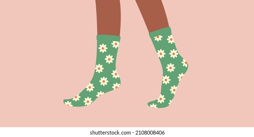 Socks, knee socks,stockings. Woman,female, girls feet, legs walking in bright colored print , footwear.Fashion style socks,knee socks with bright color ornament.Color Isolated flat vector illustration