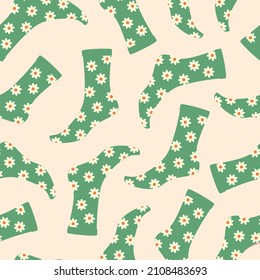 
Socks, knee socks, stockings. Seamless pattern. Woman, female, girls feet, legs walking in bright colored print. Fashion socks, knee socks with color ornament. Color Isolated flat vector illustration