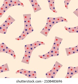 
Socks, knee socks, stockings. Seamless pattern. Woman, female, girls feet, legs walking in bright colored print. Fashion socks, knee socks with color ornament. Color Isolated flat vector illustration