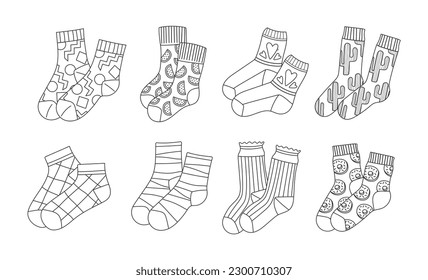 Socks line art set. Collection of graphic elements for website. Warm clothes for cold weather and winter. Fashion, trend and style. Cartoon flat vector illustrations isolated on white background