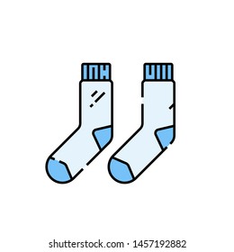 Socks line icon. White and blue pair of cotton socks symbol. Vector illustration.