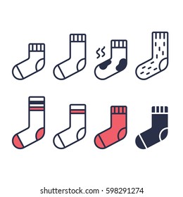 Socks line icons set. Different type of length, color and material. Simple geometric vector symbols.