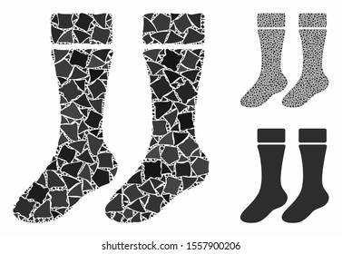 Socks mosaic of tremulant parts in variable sizes and color hues, based on socks icon. Vector tremulant parts are combined into collage. Socks icons collage with dotted pattern.