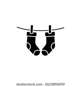 Socks on Drying Line with Clips Holding Icon, Black Filled Laundry Symbol