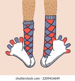 Socks on man legs. Vector hand drawn line style illustration. Cartoons legs with fun colors socks.