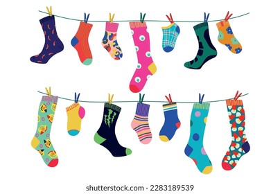 Calcetines sobre una cuerda con espinas de tela de color. Secar el calcetín y colgarlo en un tendedero con abrazaderas de tela. Calcetines para niños, para hombres y mujeres. Diseño plano. Ilustración del vector