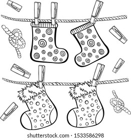 socks on rope coloring book vector greeting card doodle sketch new year