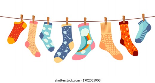 Socks rope  Cotton wool sock dry   hang laundry string and clothespins  Children socks and textures   patterns vector cartoon  Illustration wool   cotton socks in rope