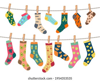 Socks rope  Warm clothes and funny patterns comfortable socks laundry service recent vector concept picture