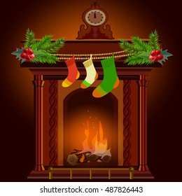 Socks over the fireplace. Christmas vector illustration.