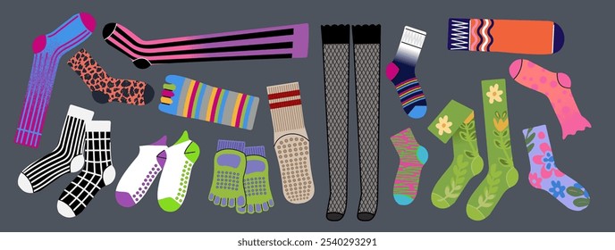 Socks pattern. Fashion winter fabric. Sock design wool. Hosiery shape. Textile cotton. Ankle socking. Geometric or floral print. Nylon tights. Foot garments. Warm accessories. Vector funny clothes set