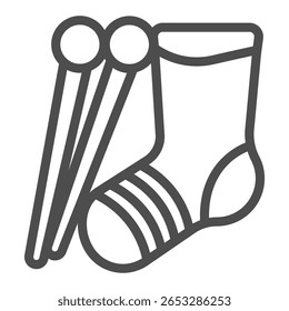 Meias com pinos de plástico ícone de linha, conceito de tema de tricô. Gráficos vetoriais. Par de agulhas e meias de tricô, sinal de artesanato no fundo branco, ícone de estilo de contorno para design móvel ou web
